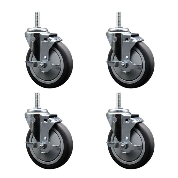 5 Inch Thermoplastic  Rubber Wheel Swivel 58 Inch Threaded Stem Caster Set with Brake SCC